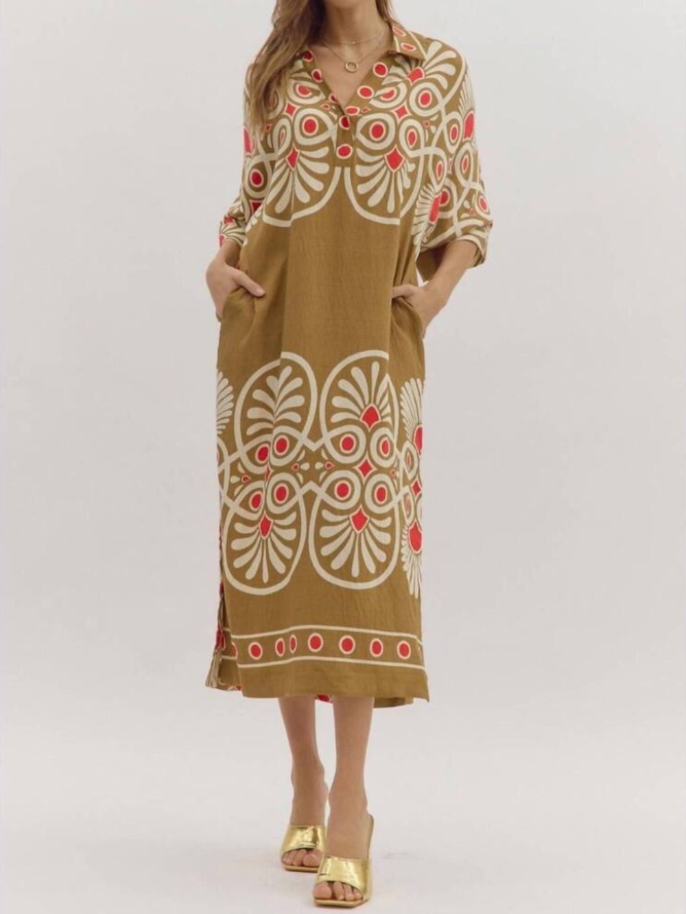 NEW ENTRO sabrina golden midi dress in beige